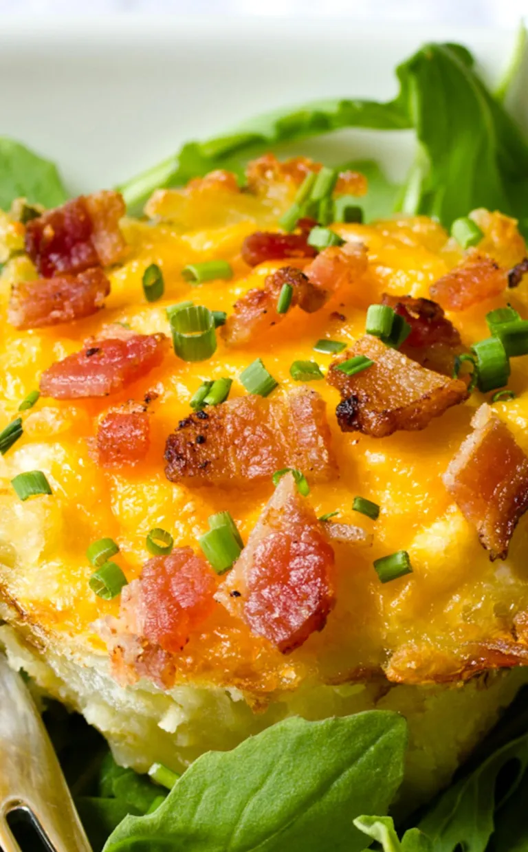 Baked Eggs in a Nest Recipe A small egg cup with bacon and chives on top on a bed of greens