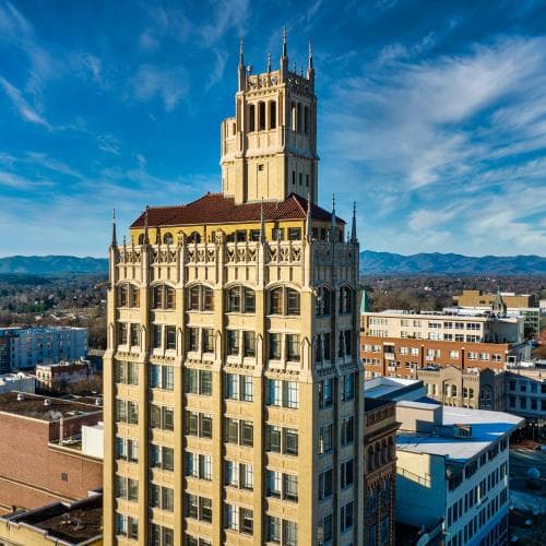 Aerial image of the Jackson Building in downtown Asheville overlooking the city Aerial image of the Jackson Building in downtown Asheville overlooking the city
