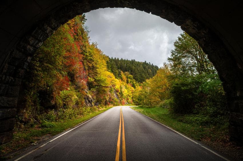Inside tunnel looking out to open road Inside tunnel looking out to open road